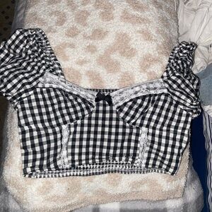 Black and white gingham shirt with lace and bow